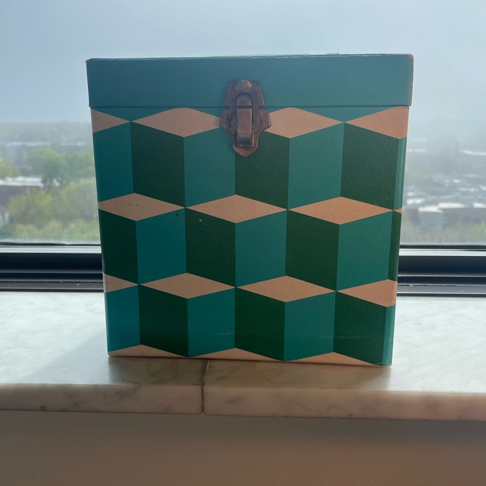 VTG 60s Psychedelic Record Case Green & White Abstract Cubes + 31 Records